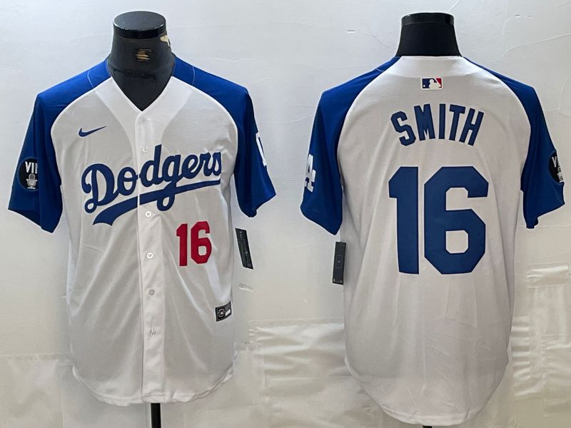 Men Los Angeles Dodgers 16 Smith White blue Fashion Nike Game MLB Jersey style 4
